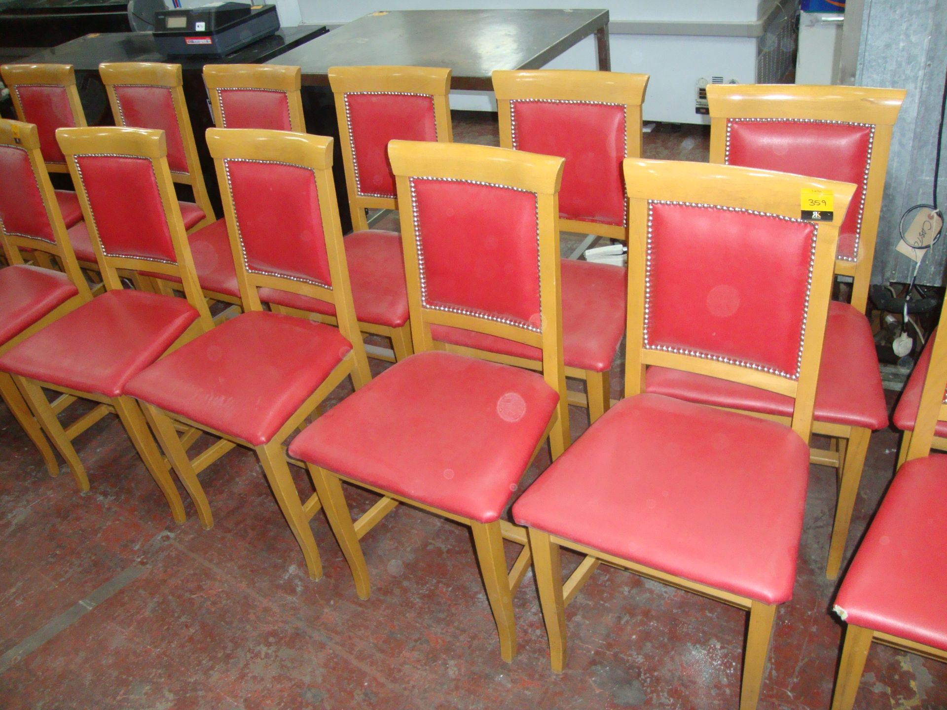 8 off wooden dining chairs with red upholstery NB. Lots 358 - 361 consist of different quantities of