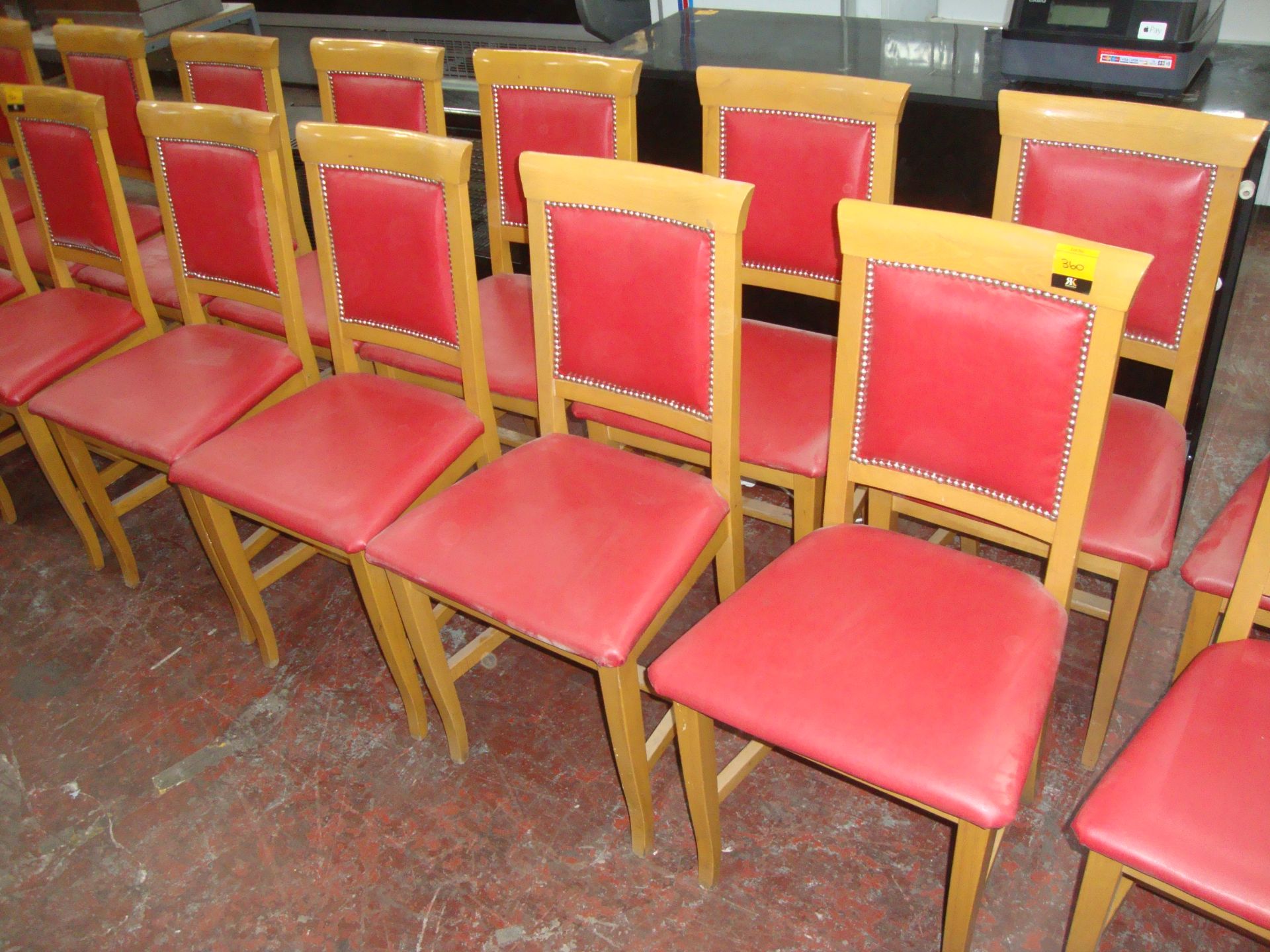 8 off wooden dining chairs with red upholstery NB. Lots 358 - 361 consist of different quantities of