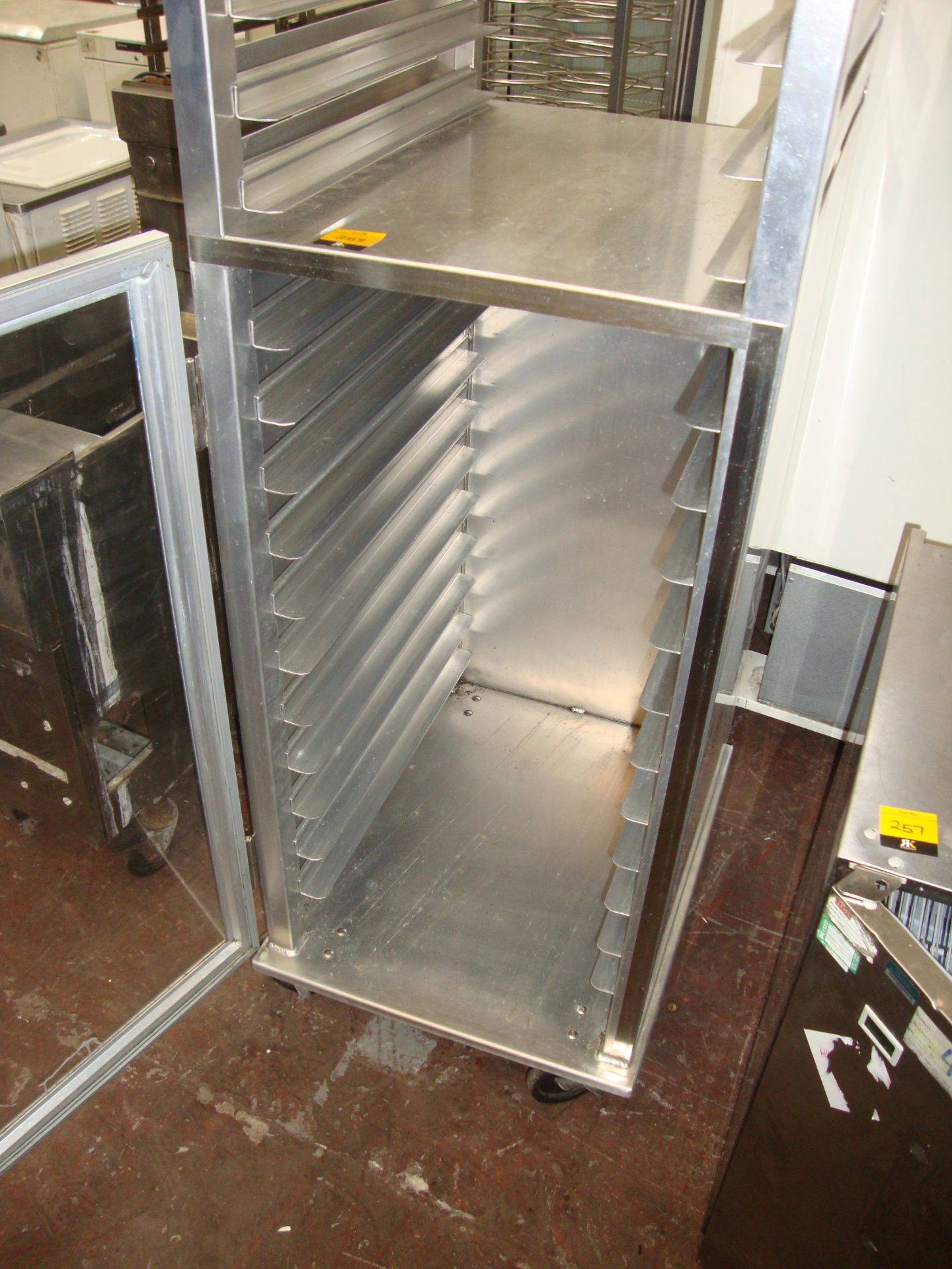 Mobile stainless steel unit comprising clear front storage compartment below and shelving for - Image 3 of 4