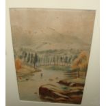 John C Bradbury - Fishing Scene, watercolour. 14" x 9". Signed on front lower right corner. This