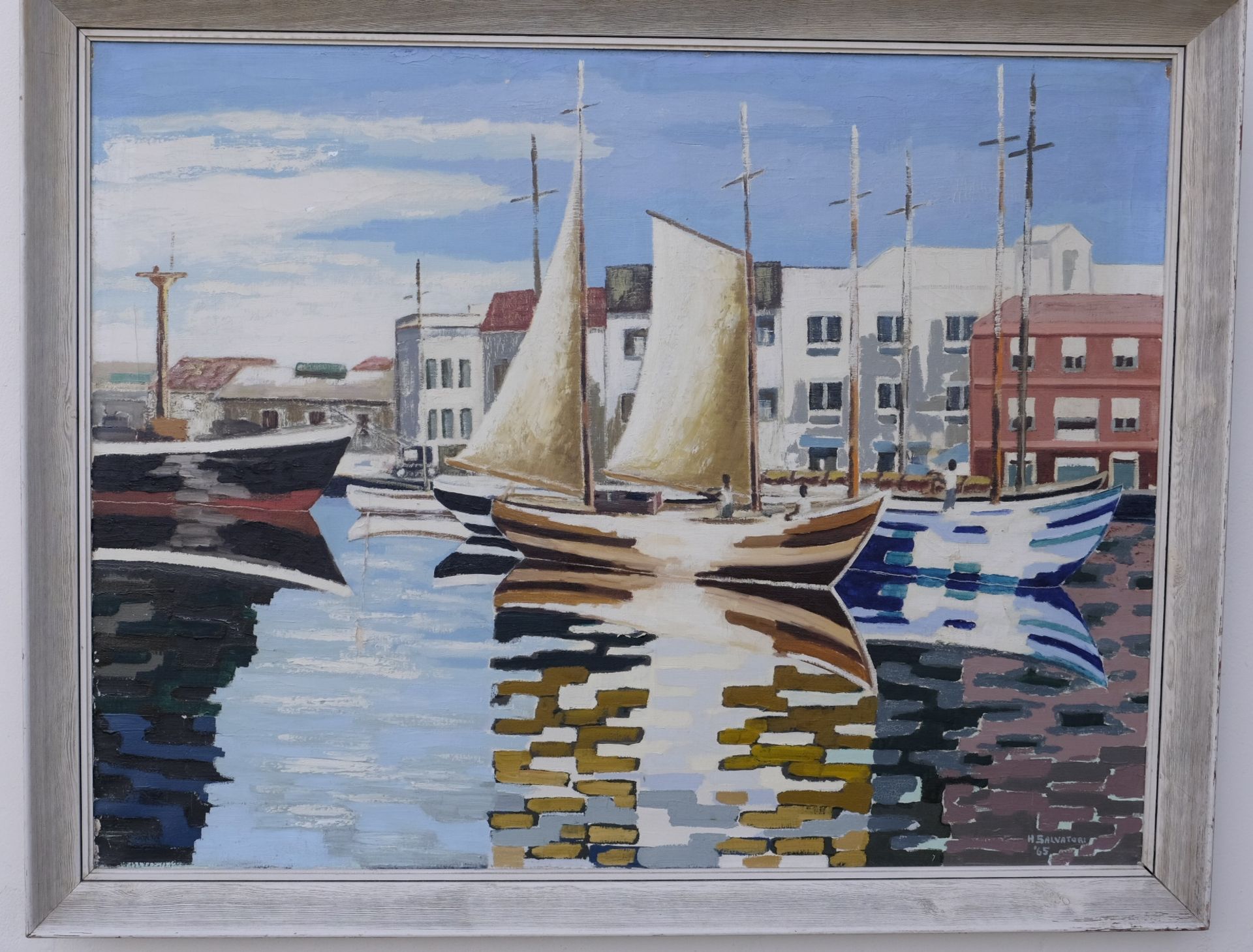 H Salvatori - Harbour Boat Scene. 1965, oil on canvas. 46" x 35". Signed and dated in bottom right