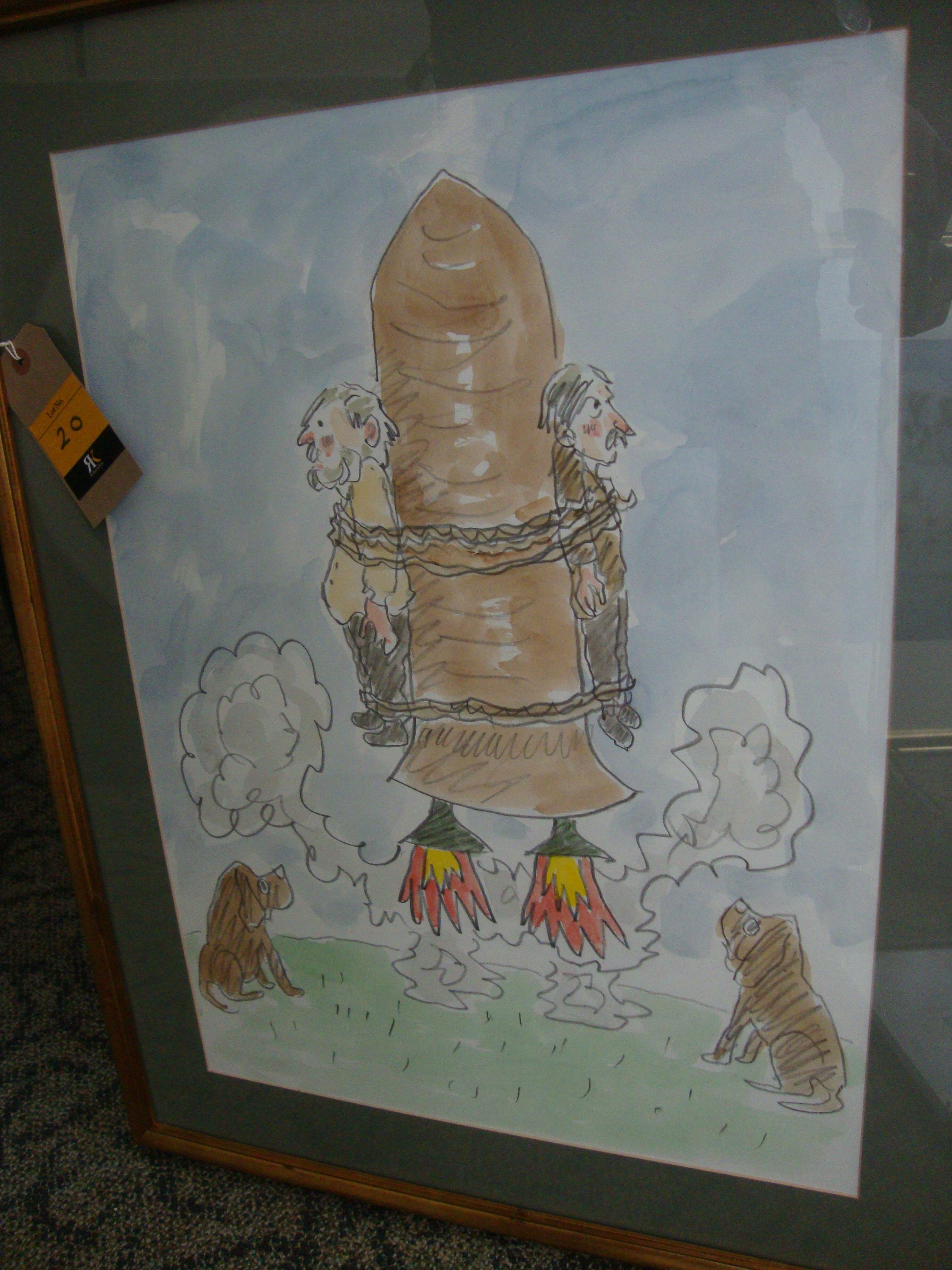 Sir Kyffin Williams - Cartoon "2 Dogs 1 Rocket", mixed media. 16" x 22". Provenance: letter - Image 6 of 10