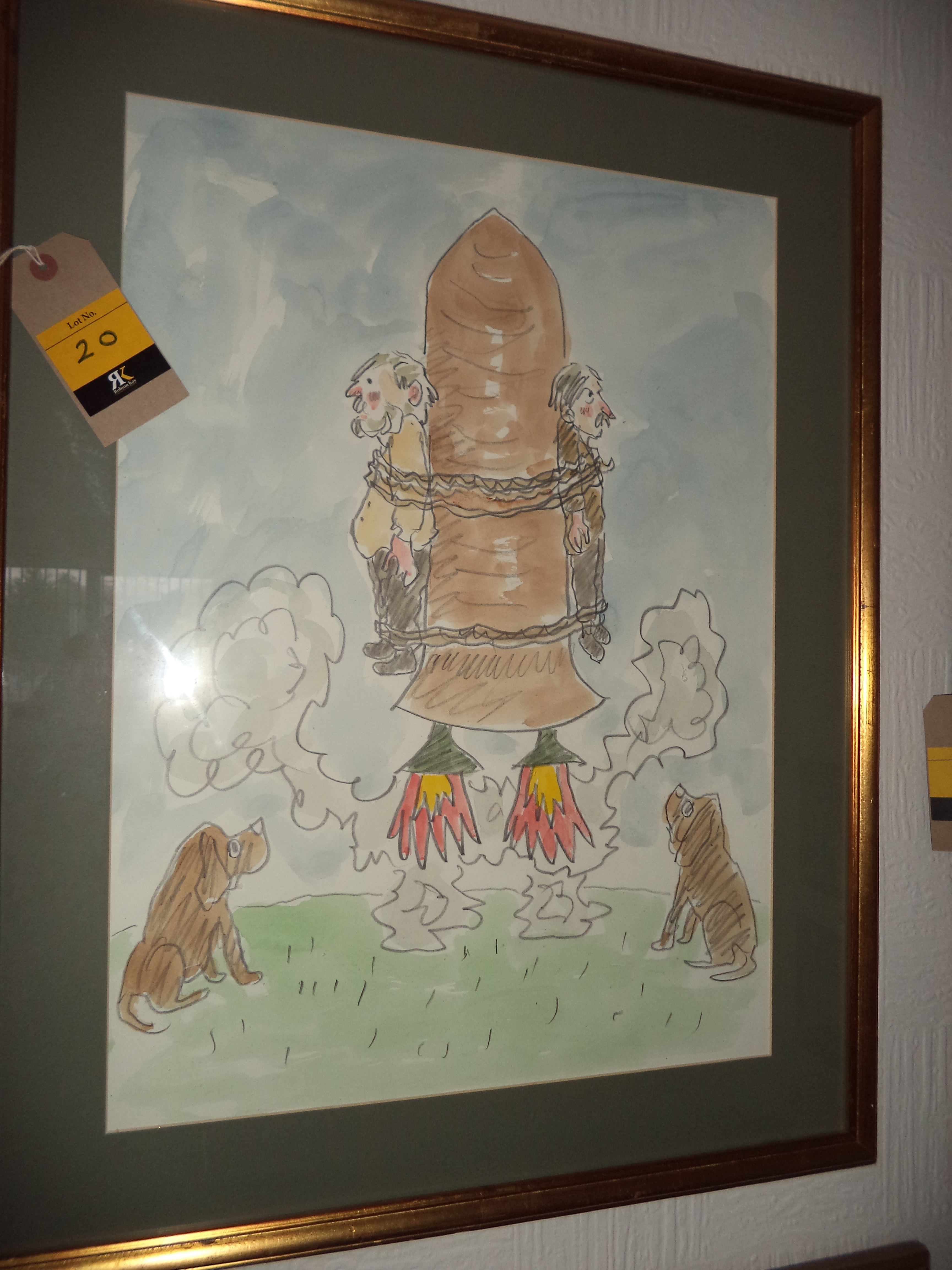 Sir Kyffin Williams - Cartoon "2 Dogs 1 Rocket", mixed media. 16" x 22". Provenance: letter - Image 10 of 10