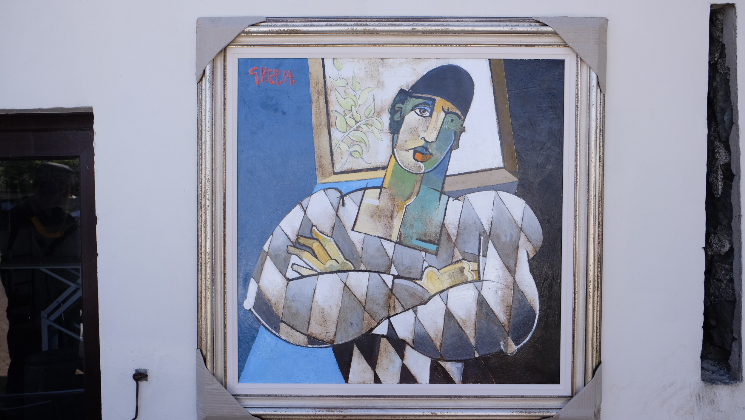 Geoffrey Key - Harlequin With Arms Folded, oil on canvas. 36" x 36". Signed on front of painting " - Image 5 of 7