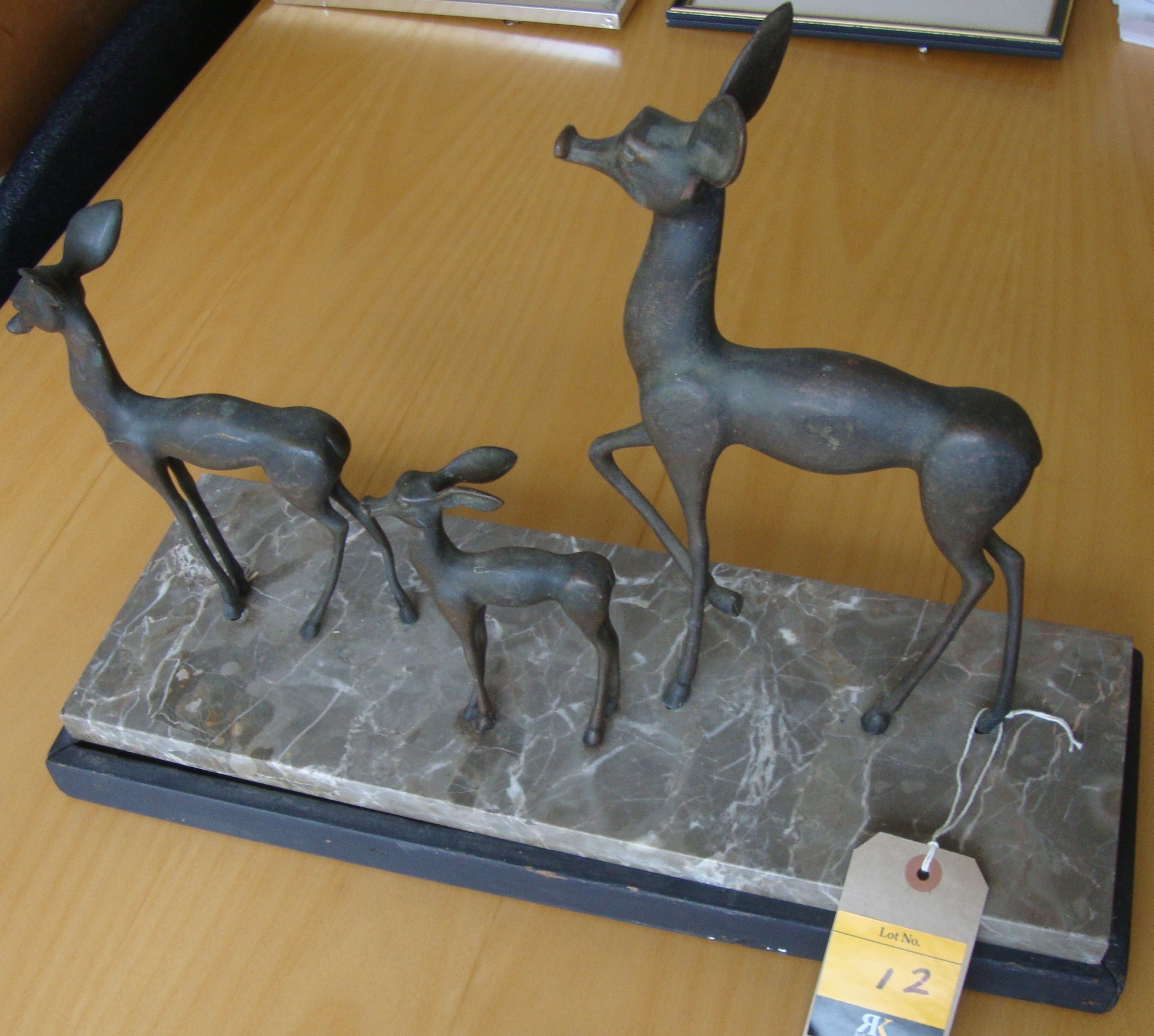 Unknown artist - 2 Deer and a Fawn. Bronze sculpture on marble base. Base measures 18" x 6". This - Image 2 of 4