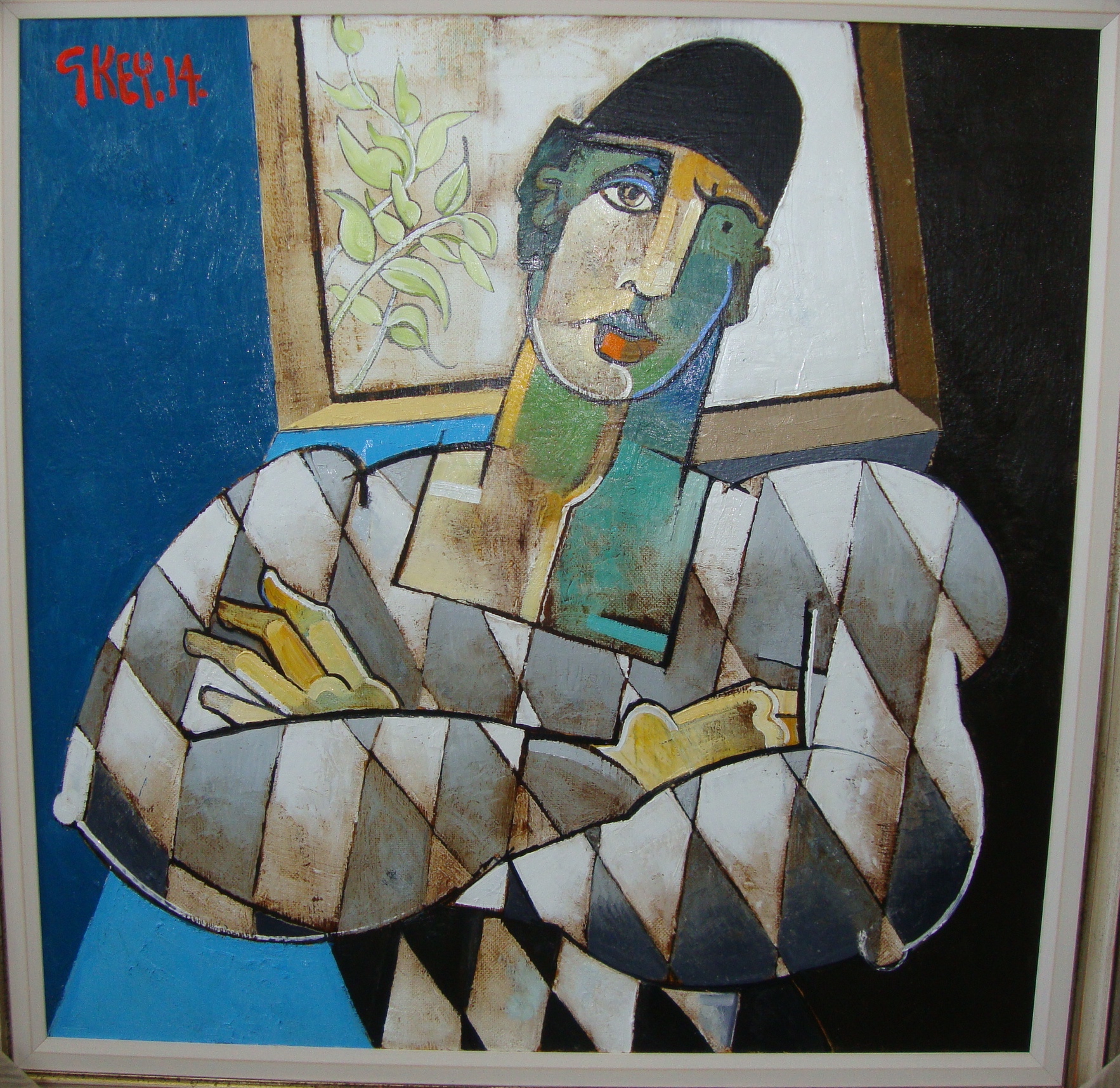Geoffrey Key - Harlequin With Arms Folded, oil on canvas. 36" x 36". Signed on front of painting " - Image 2 of 7