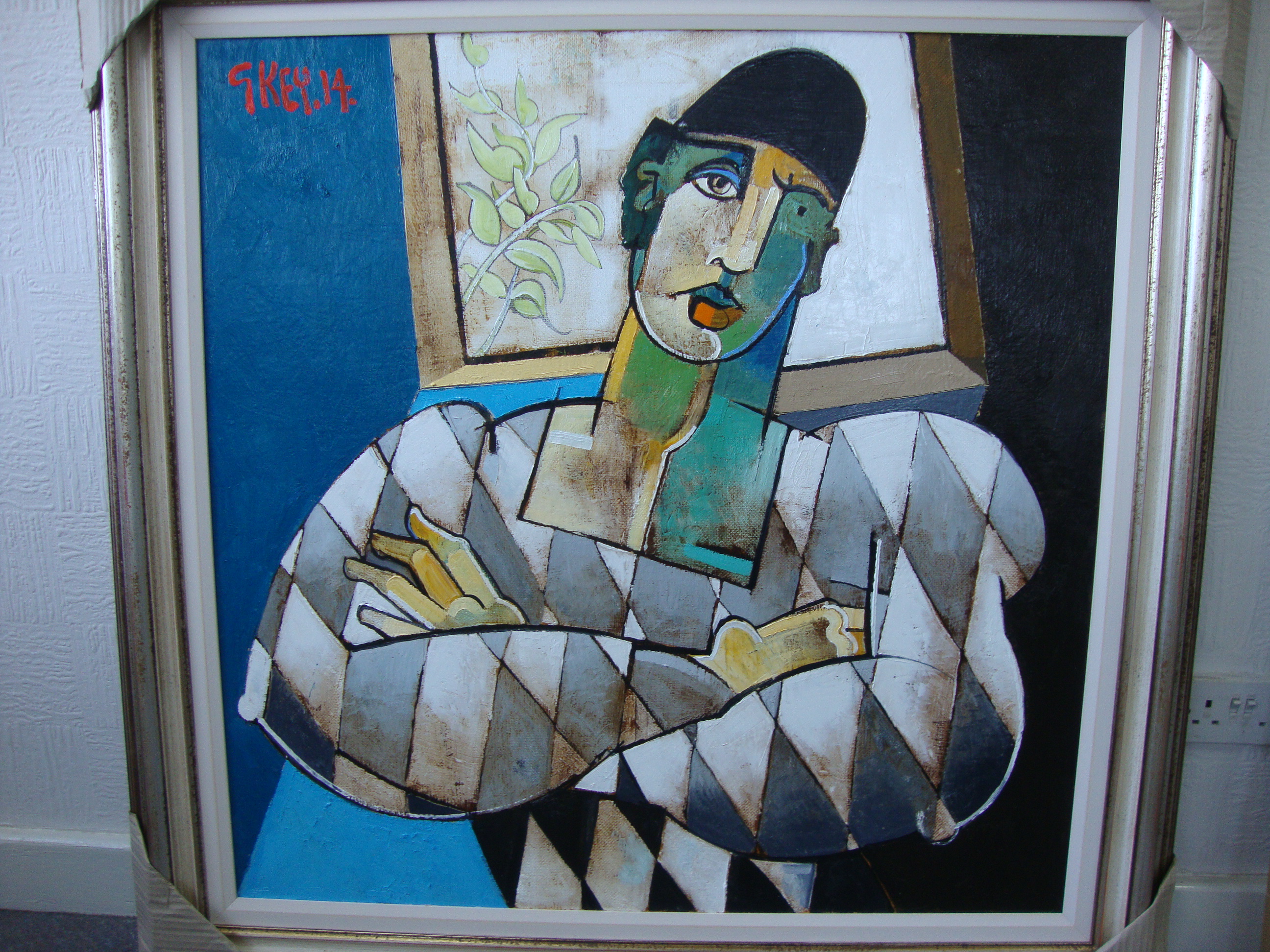 Geoffrey Key - Harlequin With Arms Folded, oil on canvas. 36" x 36". Signed on front of painting " - Image 4 of 7