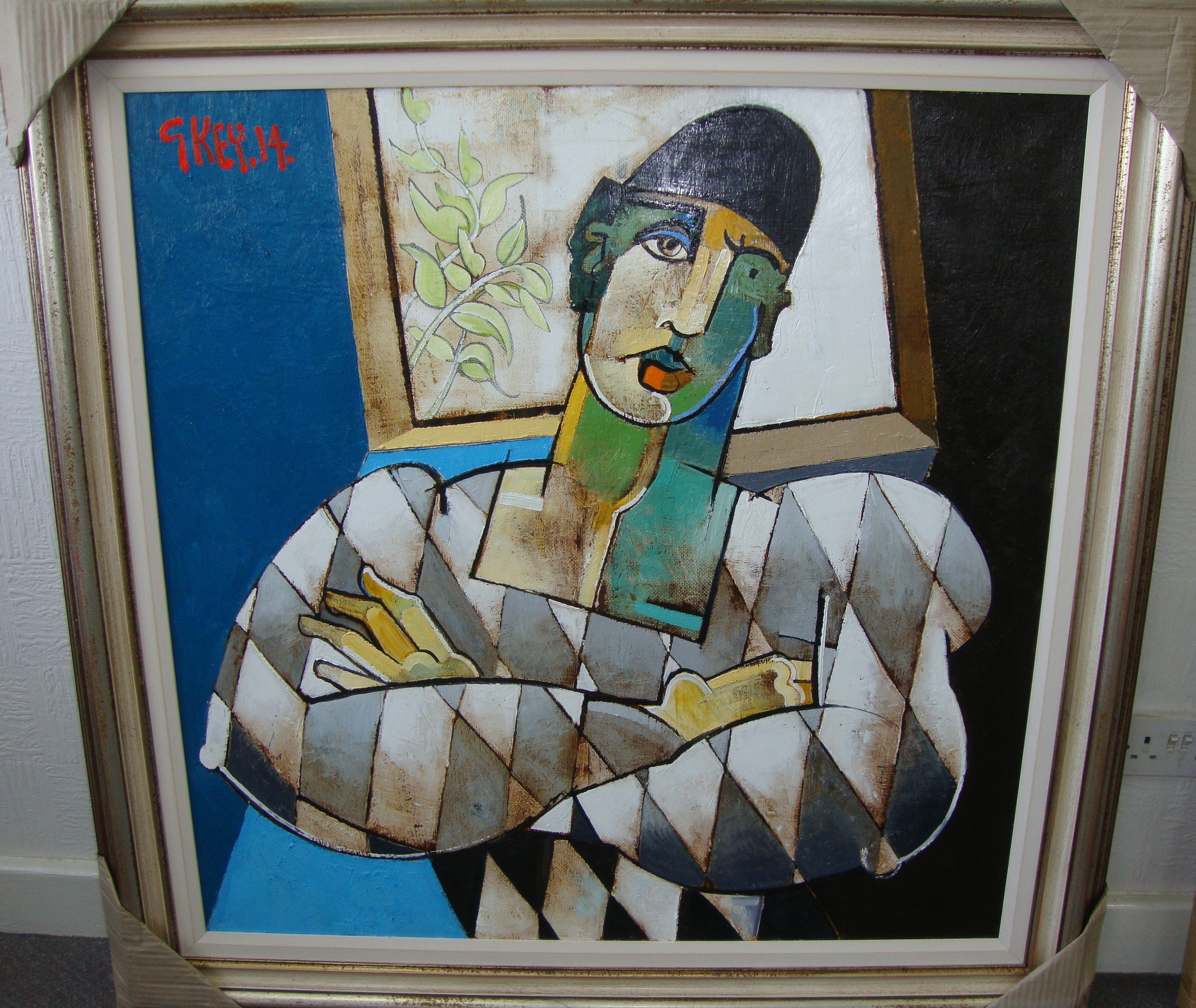 Geoffrey Key - Harlequin With Arms Folded, oil on canvas. 36" x 36". Signed on front of painting " - Image 3 of 7