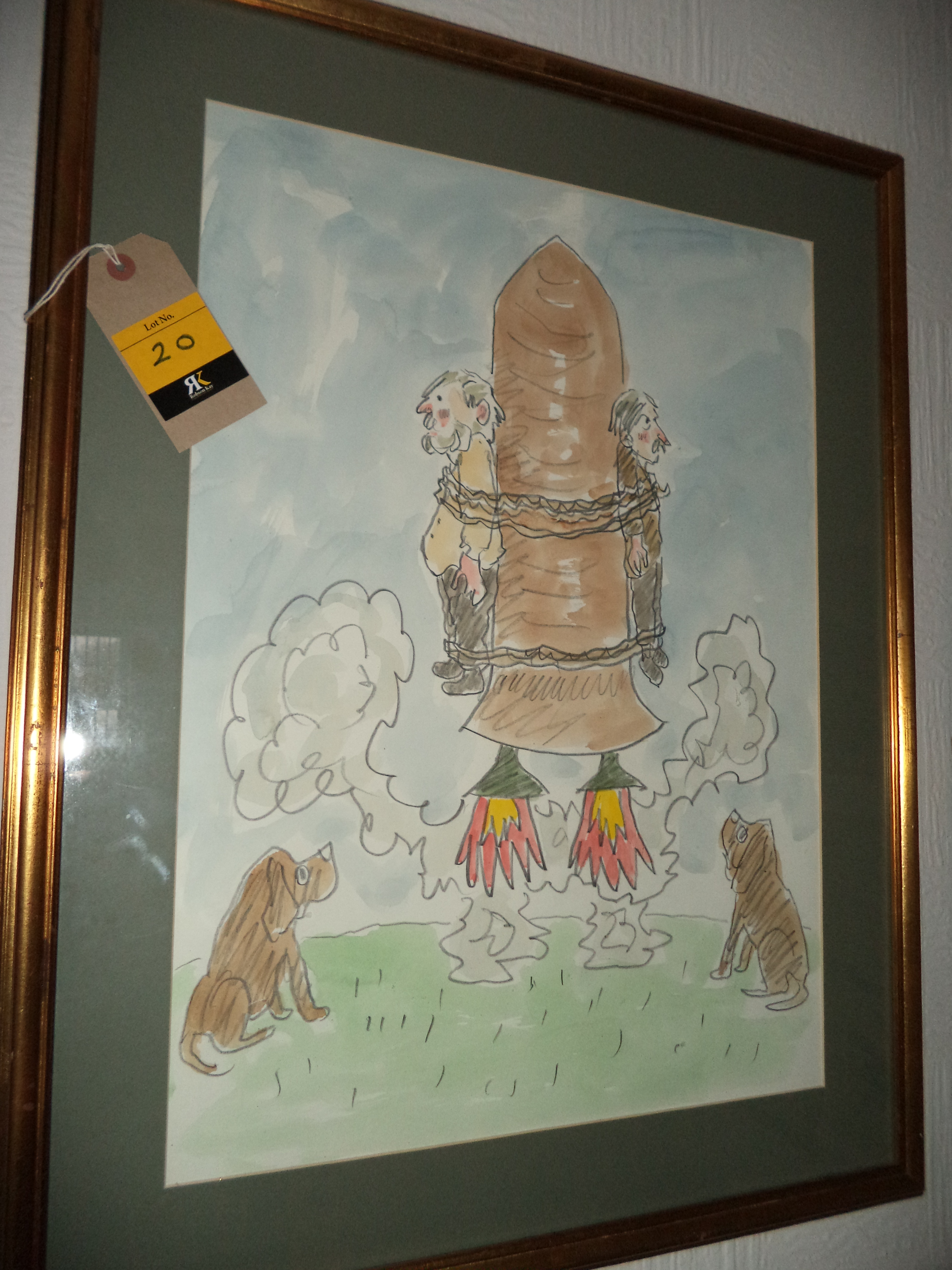 Sir Kyffin Williams - Cartoon "2 Dogs 1 Rocket", mixed media. 16" x 22". Provenance: letter - Image 2 of 10