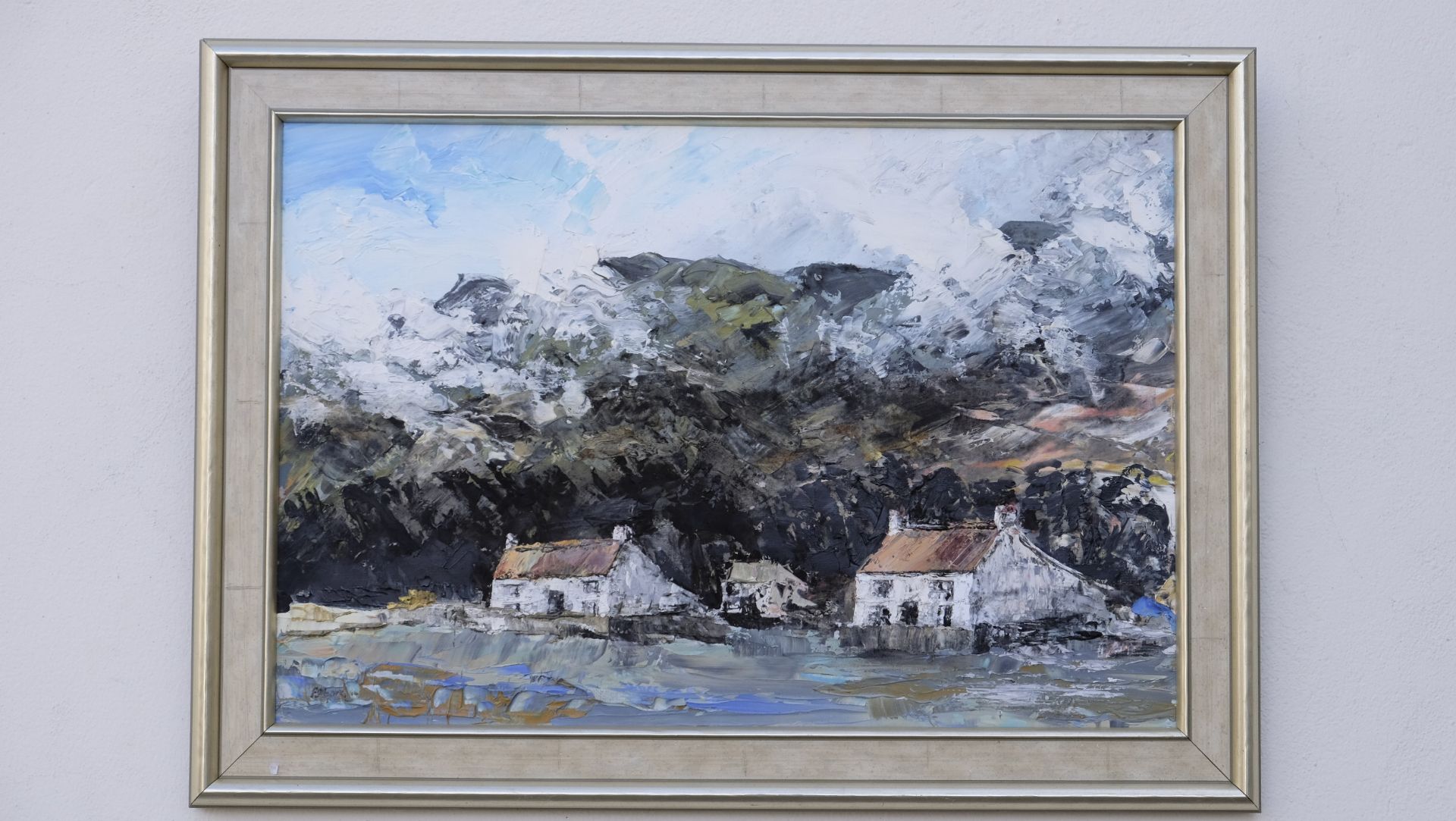 Peter Moore - Welsh Cottages Near Trefor Caenarfon. 1984, oil on canvas. 19" x 13". Signed and dated