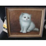 Unknown artist (illegible) - Cat, oil on board. 8" x 10". This auction is a timed sale, meaning