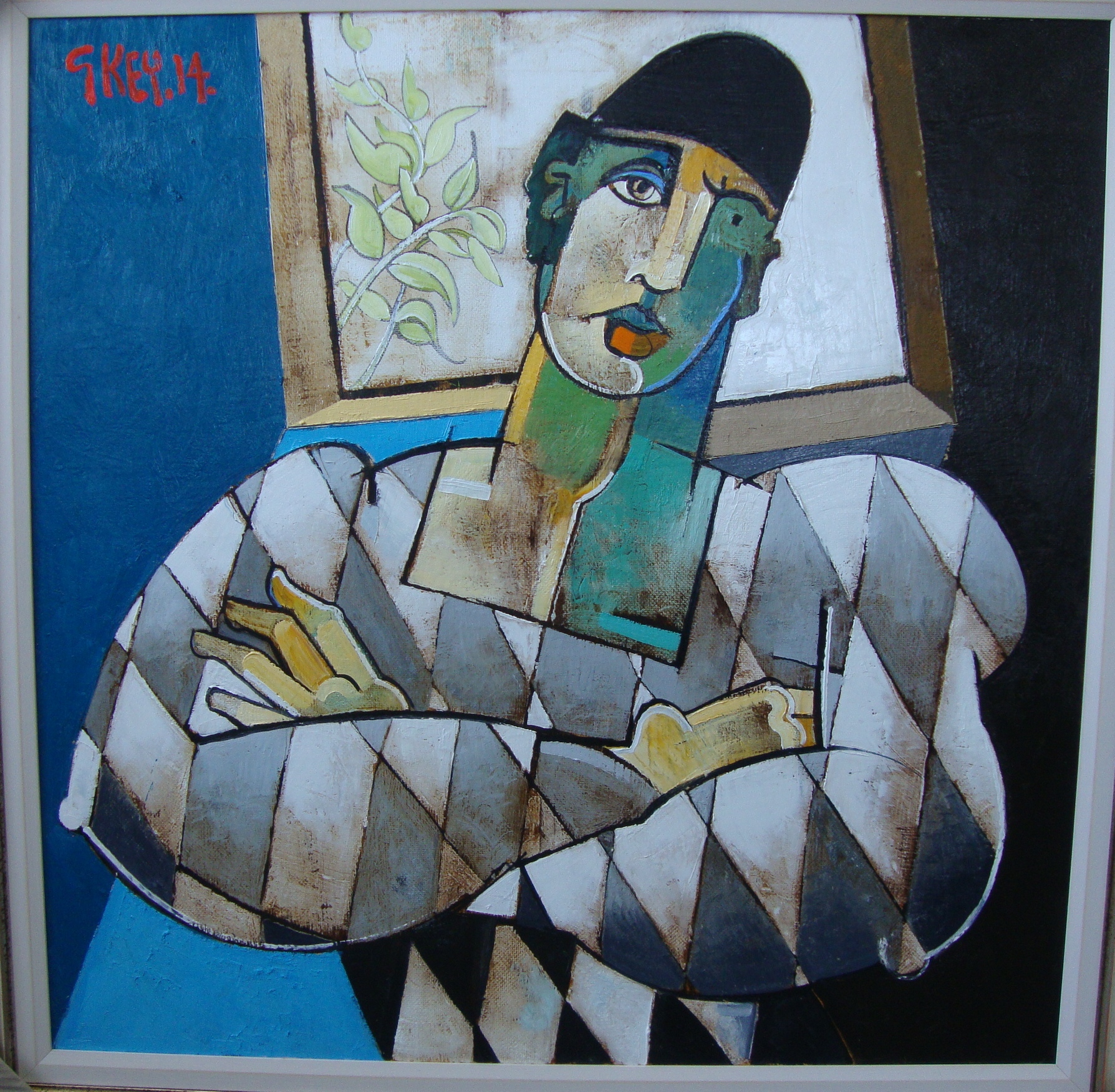 Geoffrey Key - Harlequin With Arms Folded, oil on canvas. 36" x 36". Signed on front of painting "