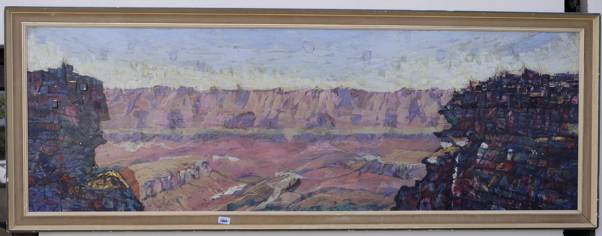 Randles - African Canyon Scene, oil on board. 24" x 72". This auction is a timed sale, meaning you