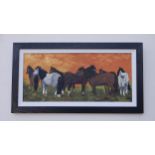 Steven Jones - Horse Scene, oil on canvas. 23" x 11". Initialled on front bottom right corner.