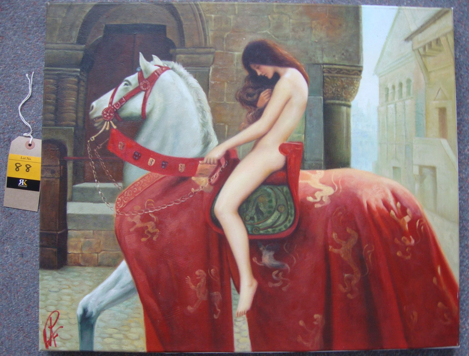 Unknown artist in style of John Collier. Reproduction of Woman On Horse, oil on canvas. 20" x 24".