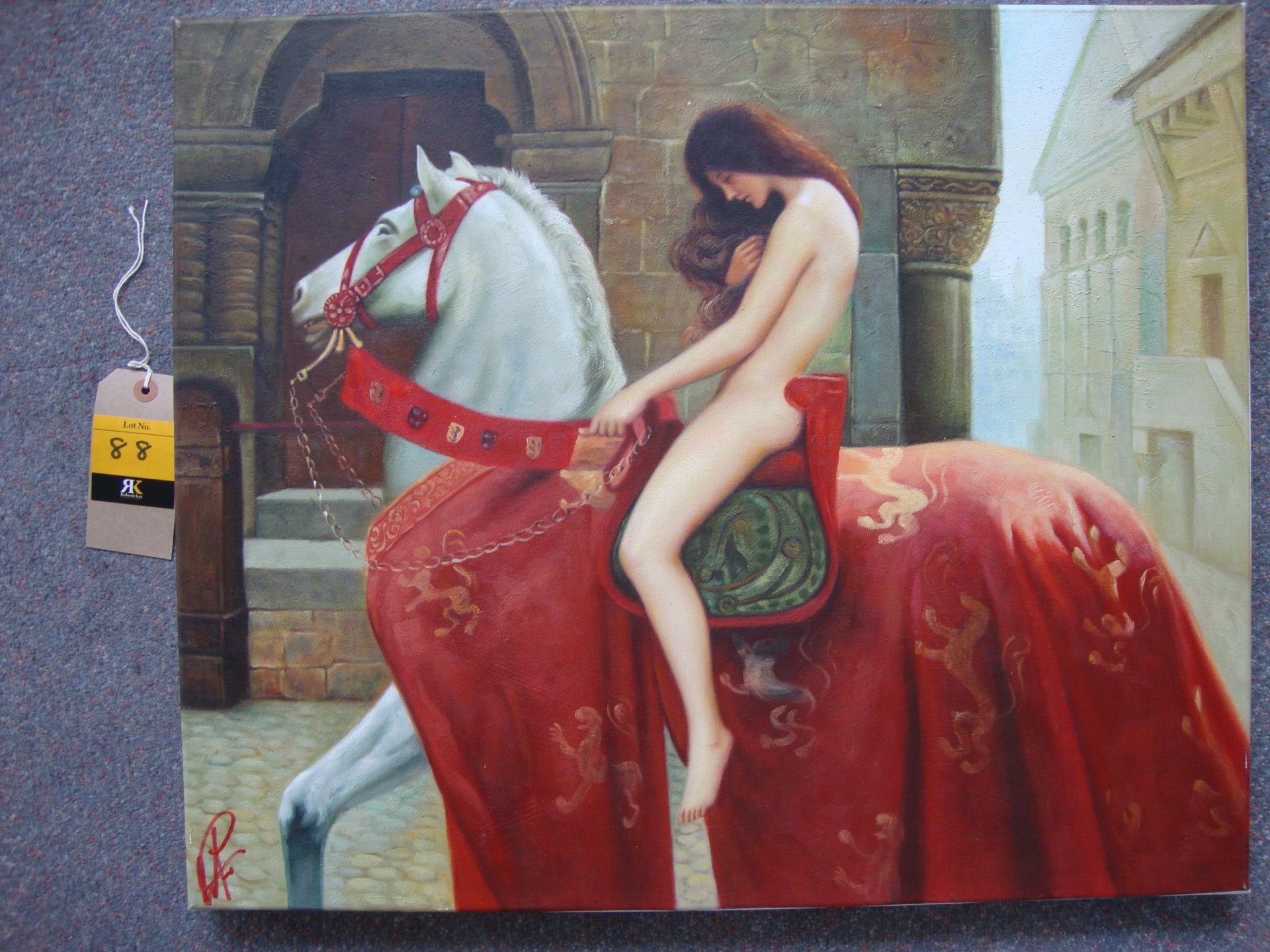 Unknown artist in style of John Collier. Reproduction of Woman On Horse, oil on canvas. 20" x 24". - Image 2 of 2