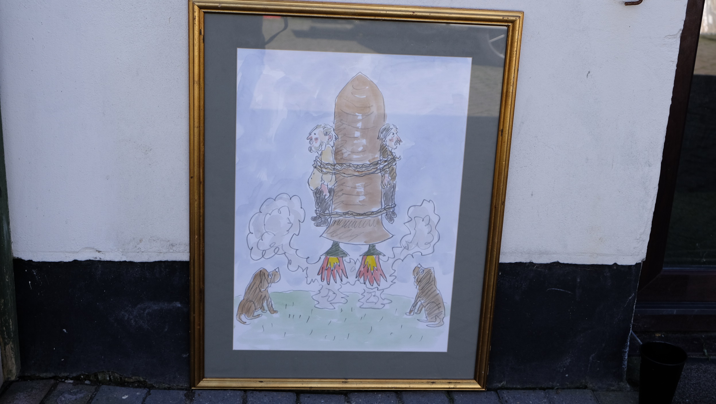 Sir Kyffin Williams - Cartoon "2 Dogs 1 Rocket", mixed media. 16" x 22". Provenance: letter