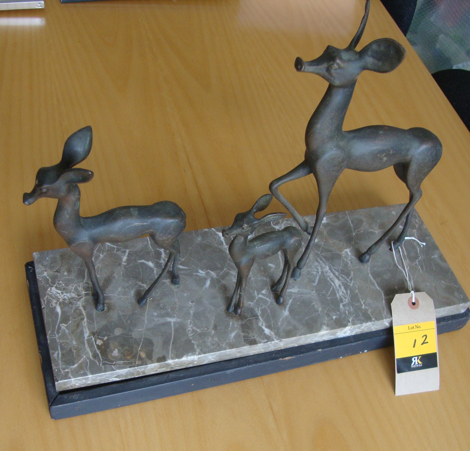 Unknown artist - 2 Deer and a Fawn. Bronze sculpture on marble base. Base measures 18" x 6". This