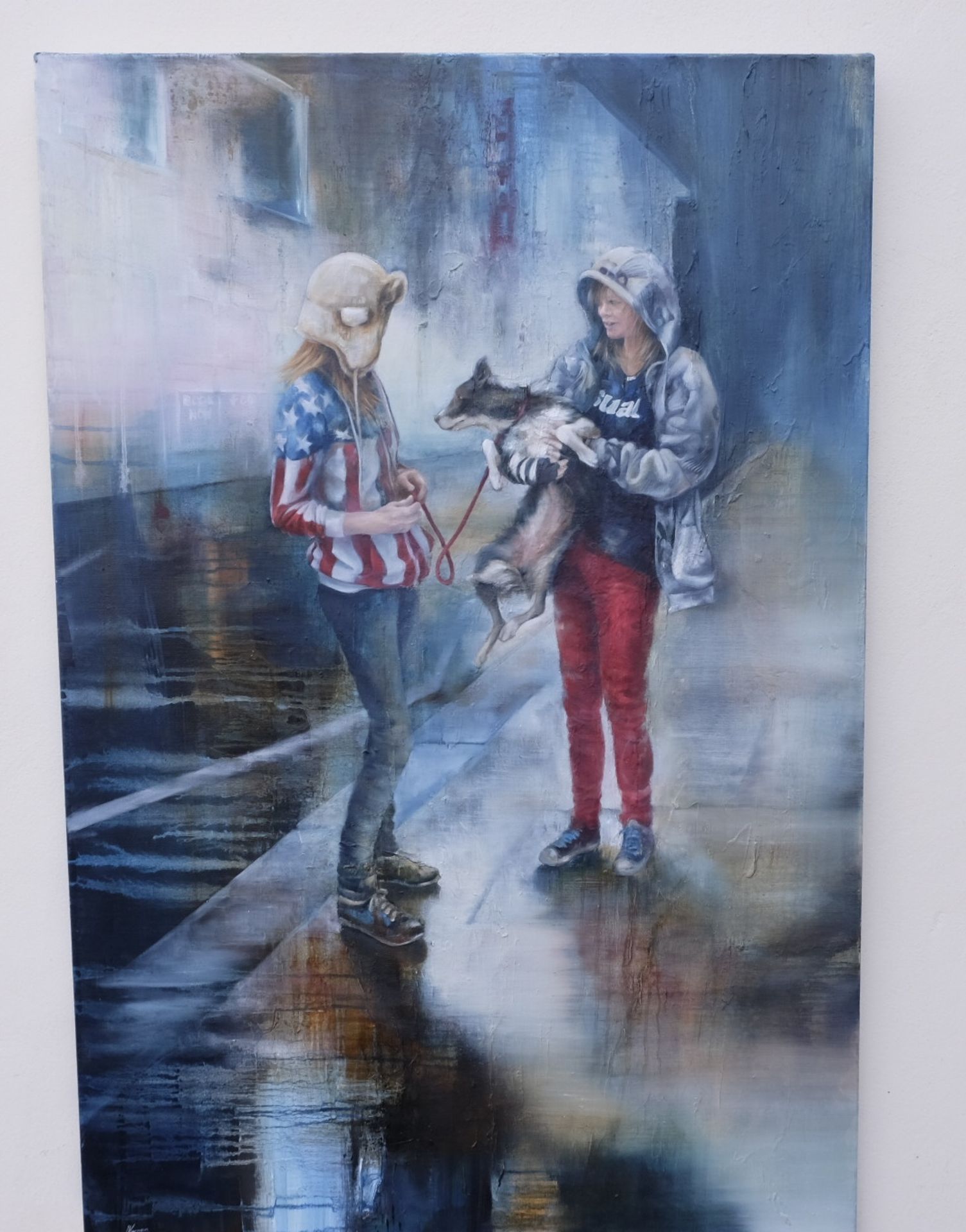 Julie Vernon - Manchester Scene - Two Girls And A Dog, oil on canvas. 31" x 47". Signed and dated "