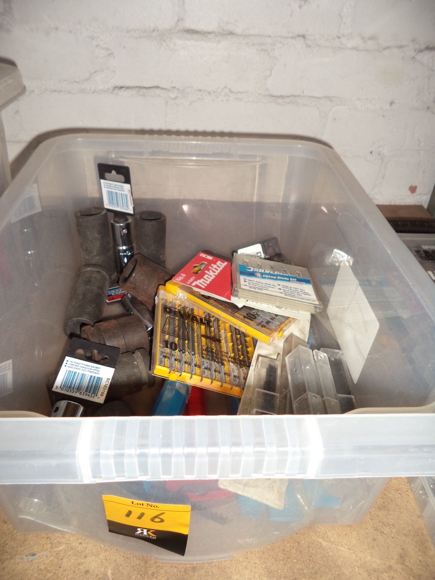 The contents of a crate of assorted sockets, jigsaw blades & other consumables IMPORTANT: Please