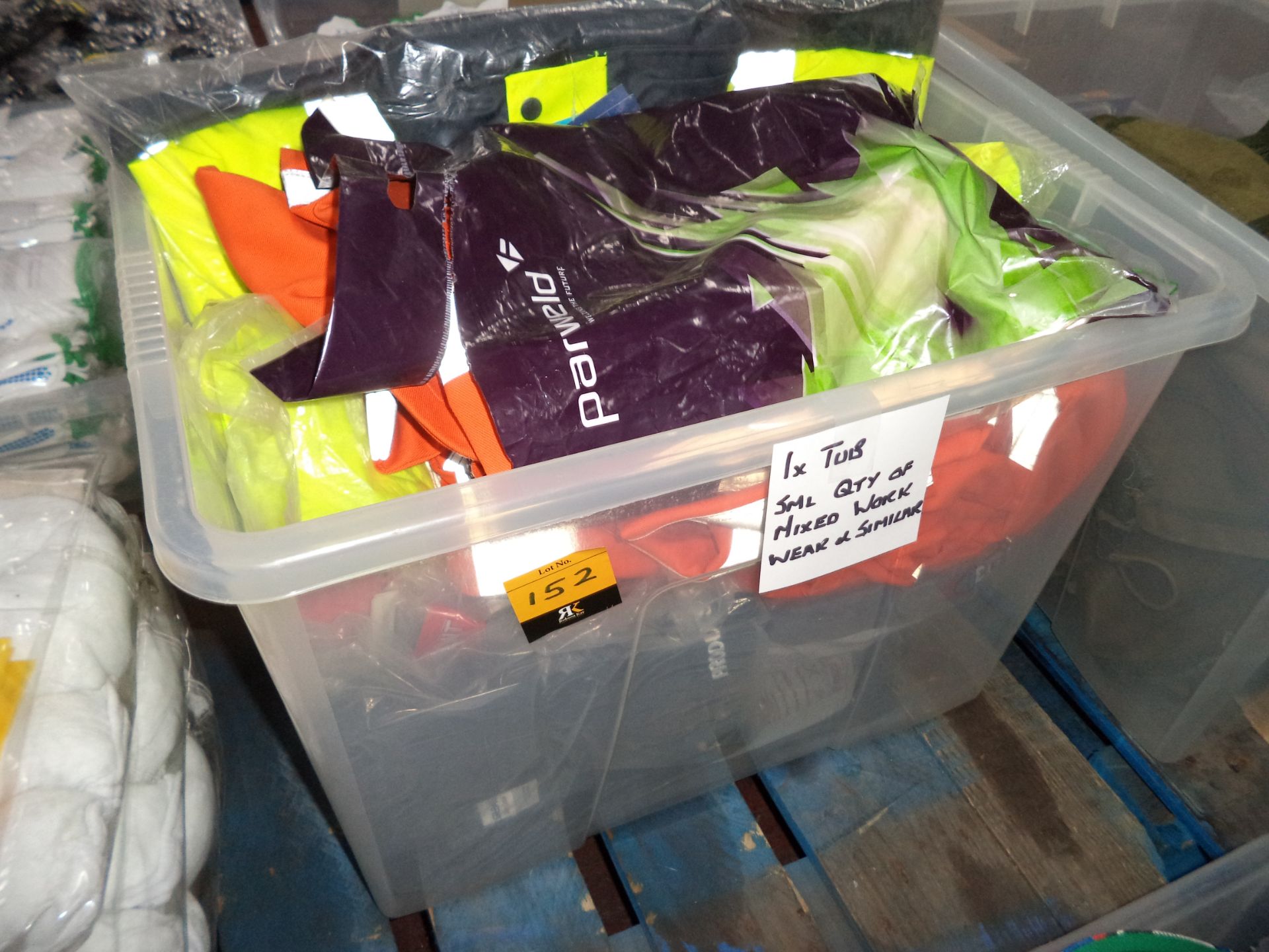 The contents of a crate of assorted workwear including hi-vis IMPORTANT: Please remember goods