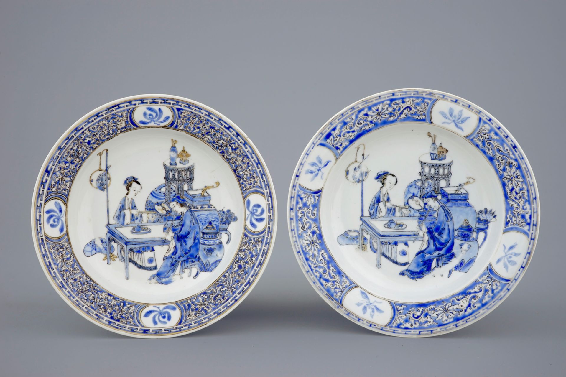 A pair of Chinese overglaze blue and gilt eggshell porcelain plates, Yongzheng, [...]