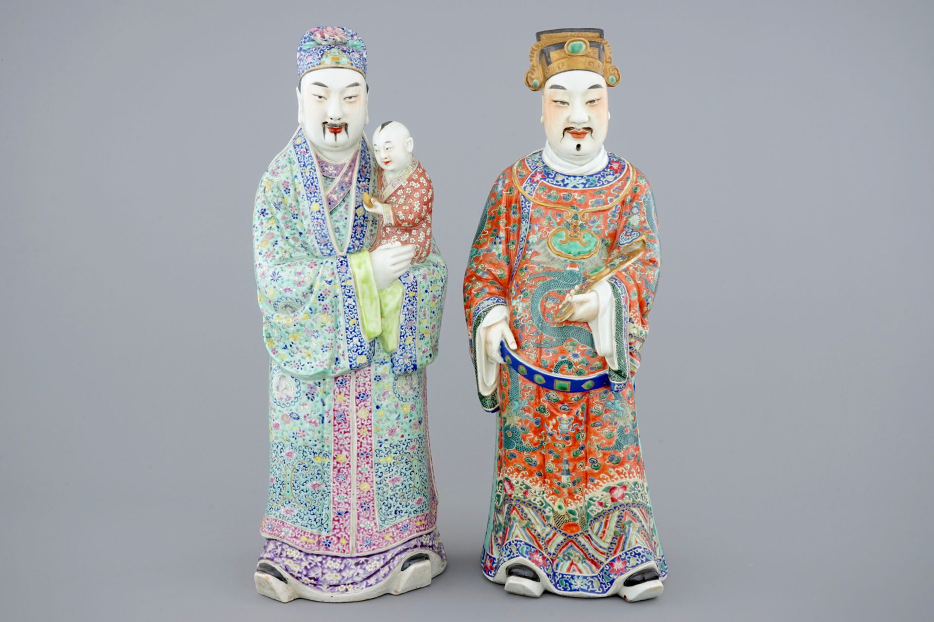 A set of 2 Chinese famille rose figures of immortals, 19th C. - H.: 62 cm - Base: [...]