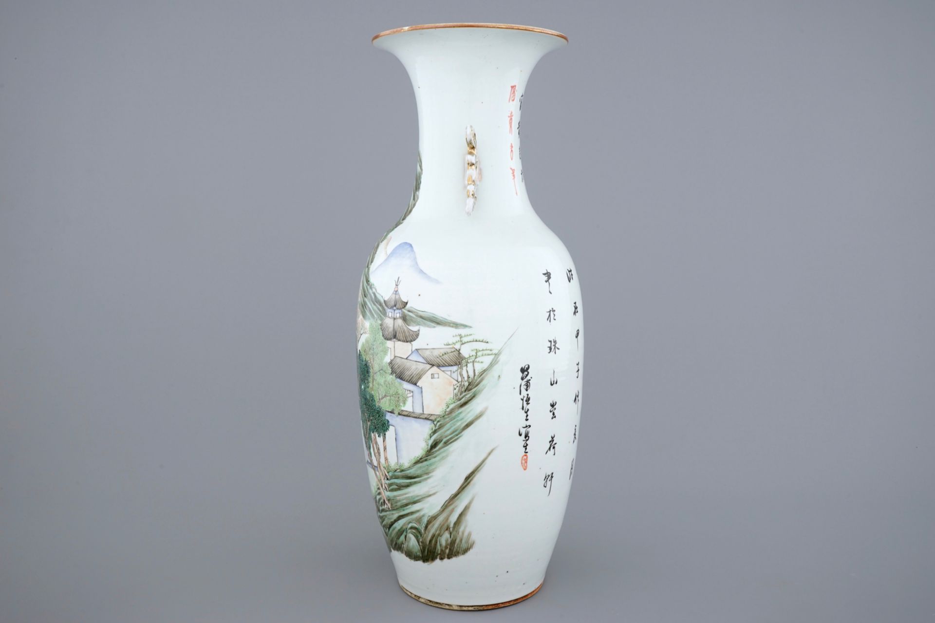 A Chinese famille rose landscape vase, 19/20th C. - H.: 58,5 cm - Dia.: 23,5 cm - - Image 2 of 6