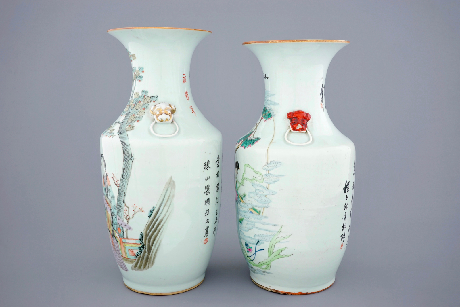 Two Chinese famille rose and qianjiang cai vases, 19/20th C. H.: 43,5 (the tallest) Condition - Image 2 of 6