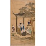 A Chinese rice paper painting depicting a lady with her servants, 18/19th C. Dim.: 105 x 58 cm (