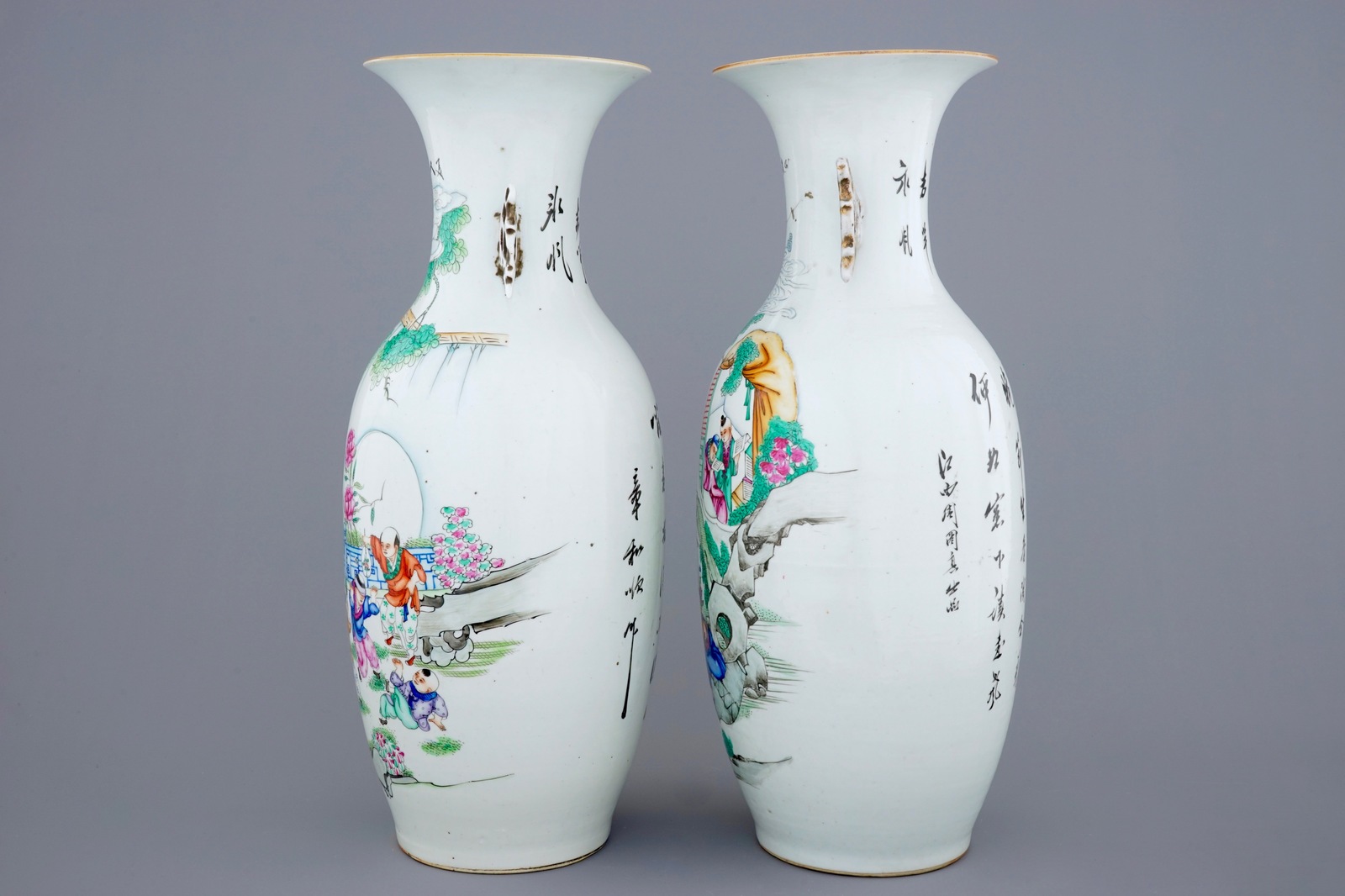 Two Chinese famille rose vases with figures and playing children, 19/20th C. H.: 58 cm Condition - Image 2 of 6