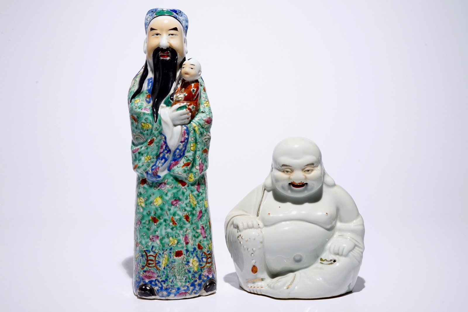 Two Chinese famille rose figures of immortals and a white-glazed model of Buddha, 19/20th C. H.: - Image 9 of 14