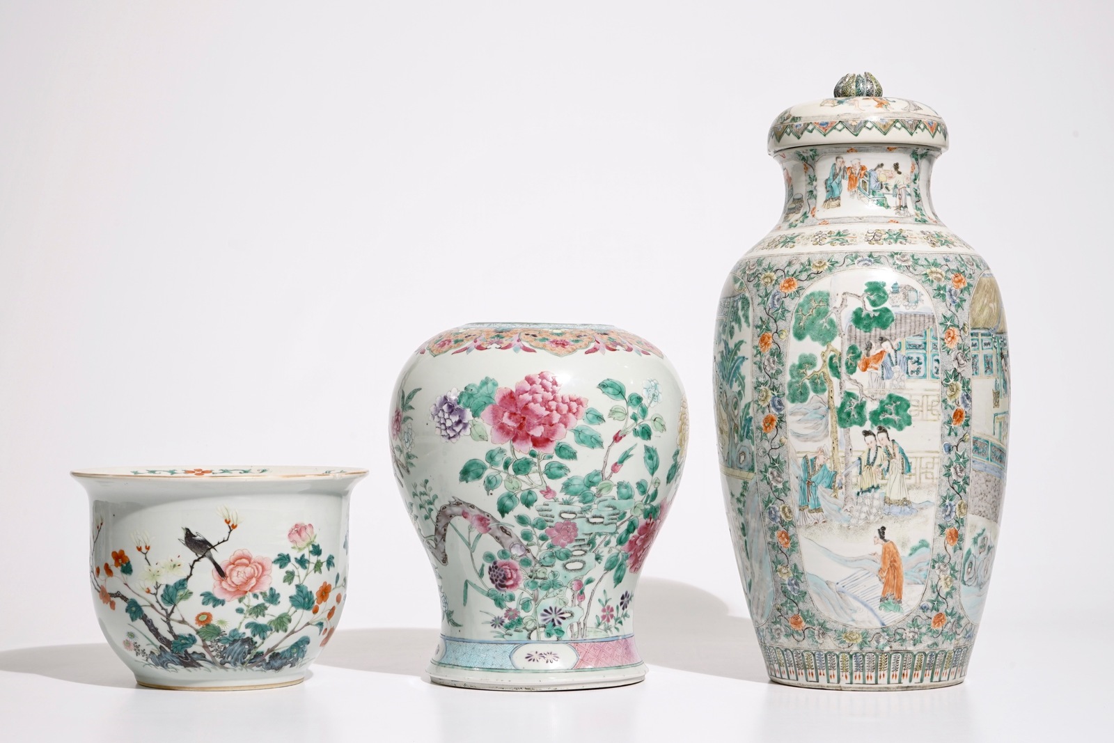 A Chinese Canton famille verte vase, a famille rose flowerpot and a baluster vase, 18/19th C H.: