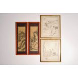 Four various Chinese paintings, 19/20th C. Dim.: 57,5 x 20,5 cm - Dim.: 54,5 x 17,5 cm (the vertical