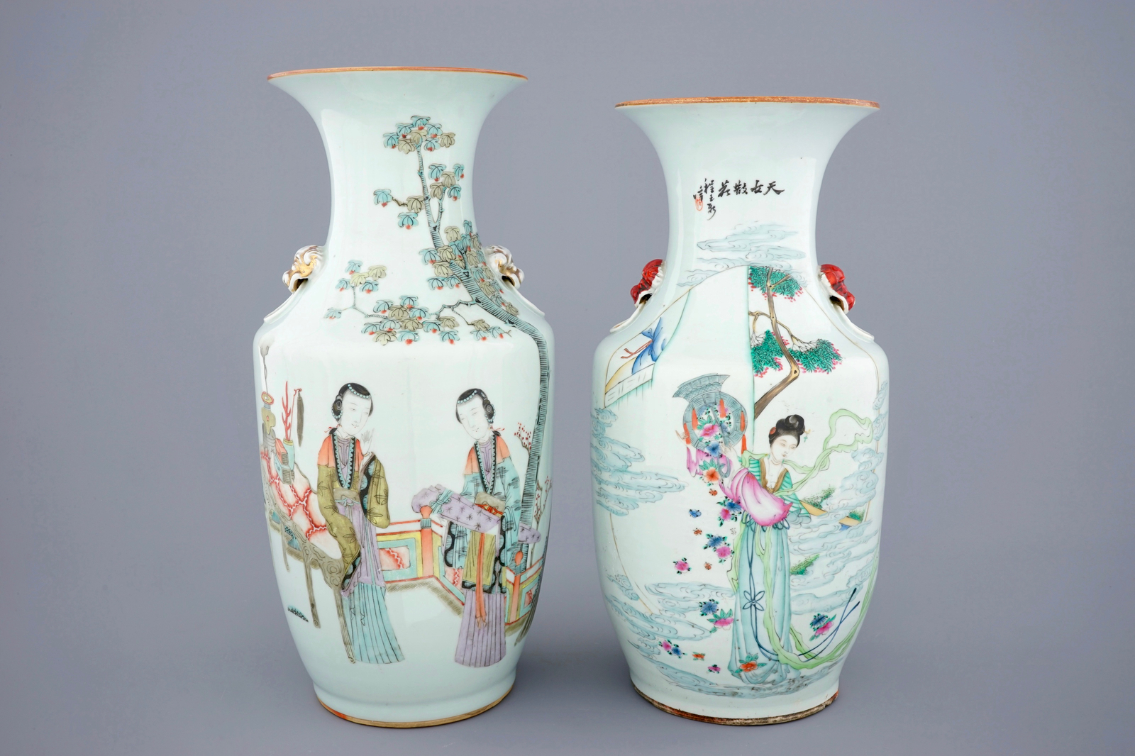Two Chinese famille rose and qianjiang cai vases, 19/20th C. H.: 43,5 (the tallest) Condition