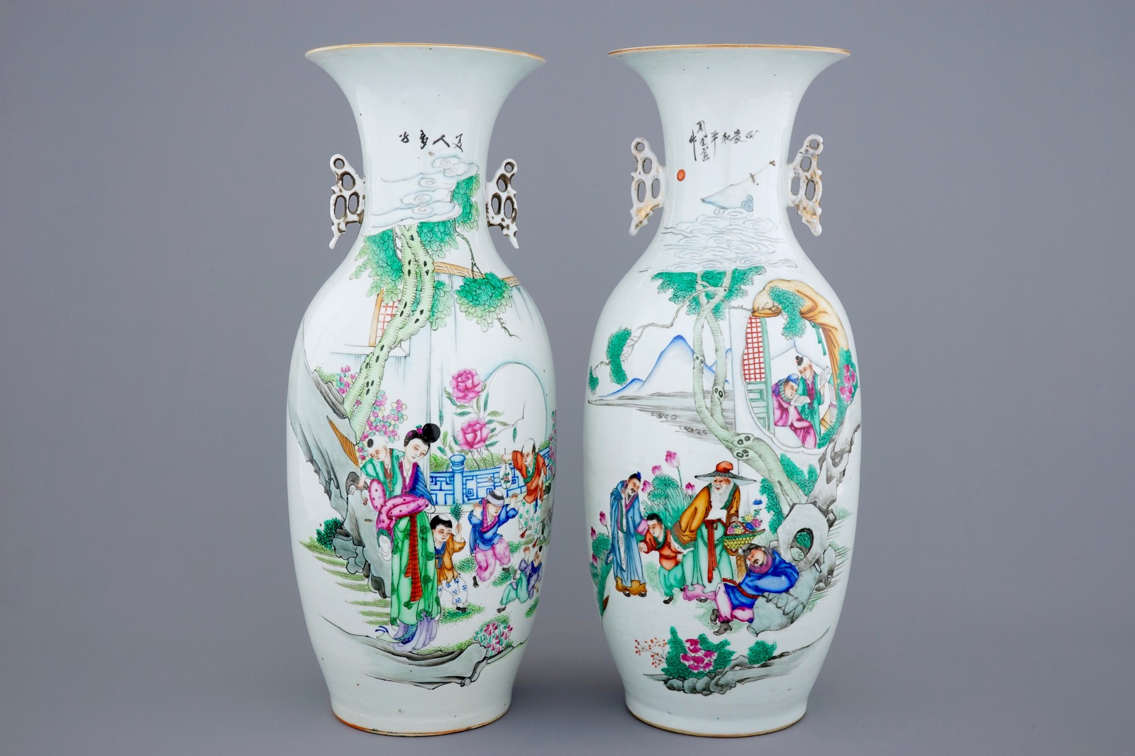 Two Chinese famille rose vases with figures and playing children, 19/20th C. H.: 58 cm Condition