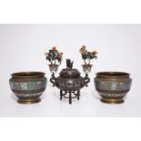 A Japanese censer, a pair of urns and two semi-precious stone trees in bronze and champleve,