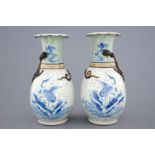 A pair of Chinese blue and white on crackle and celadon ground vases, 19th C. H.: 45 cm Condition