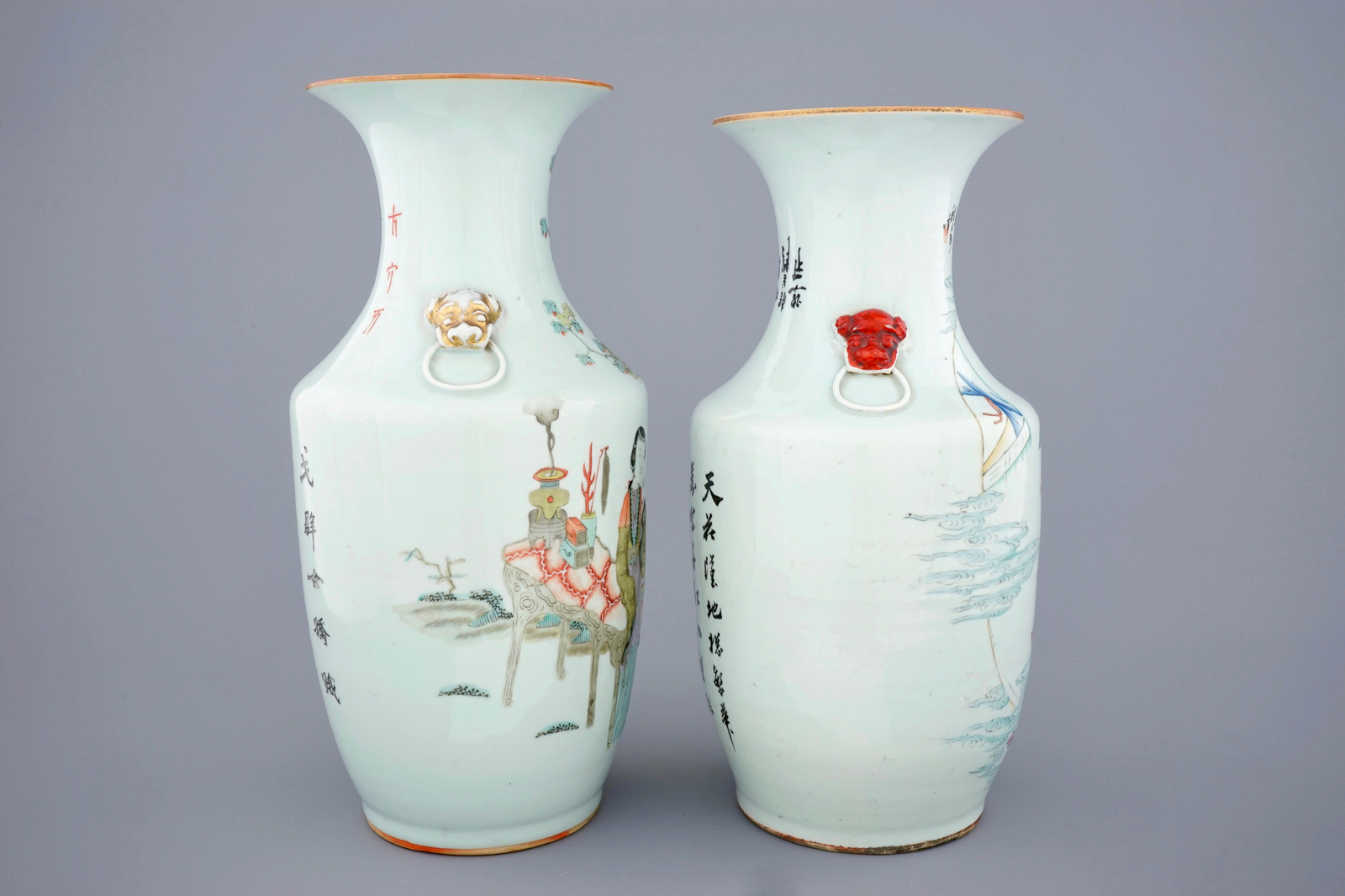 Two Chinese famille rose and qianjiang cai vases, 19/20th C. H.: 43,5 (the tallest) Condition - Image 4 of 6