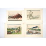 Ten Japanese woodblocks, incl. works by Hokusai, 19/20th C. Dim.: 50 x 38 cm (incl. cardboard frame)