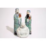 Two Chinese famille rose figures of immortals and a white-glazed model of Buddha, 19/20th C. H.: