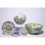 A collection of Chinese famille rose and blue and white porcelain, with a Canton enamel bowl, 19/