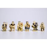 A collection of six polychrome Japanese ivory netsuke, Taisho, 2nd quarter 20th C., signed H.: 5,5