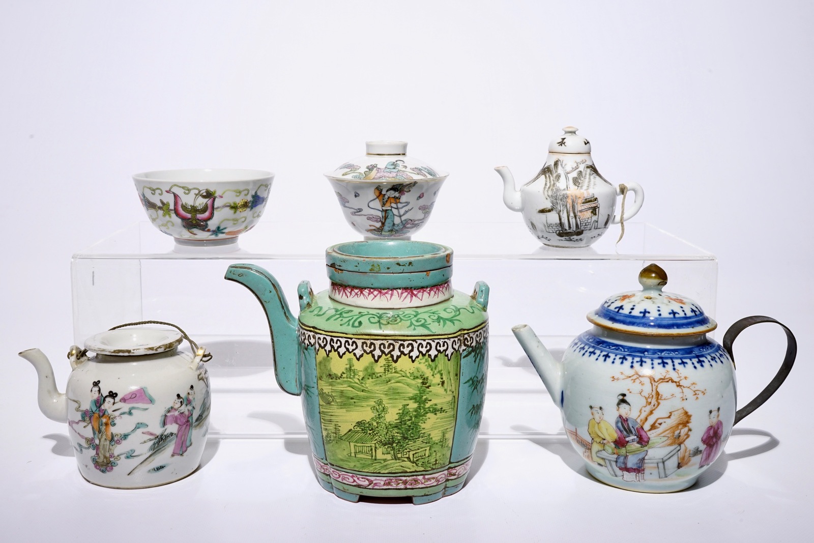 A varied lot of Chinese famille rose, Yixing and qianjiang cai porcelain, 18/20th C. H.: 16,8 cm ( - Image 2 of 9
