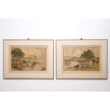 A pair of Chinese paintings on silk depicting "The eight horses of Mu Wang", 19/20th C. Dim.: 38 x