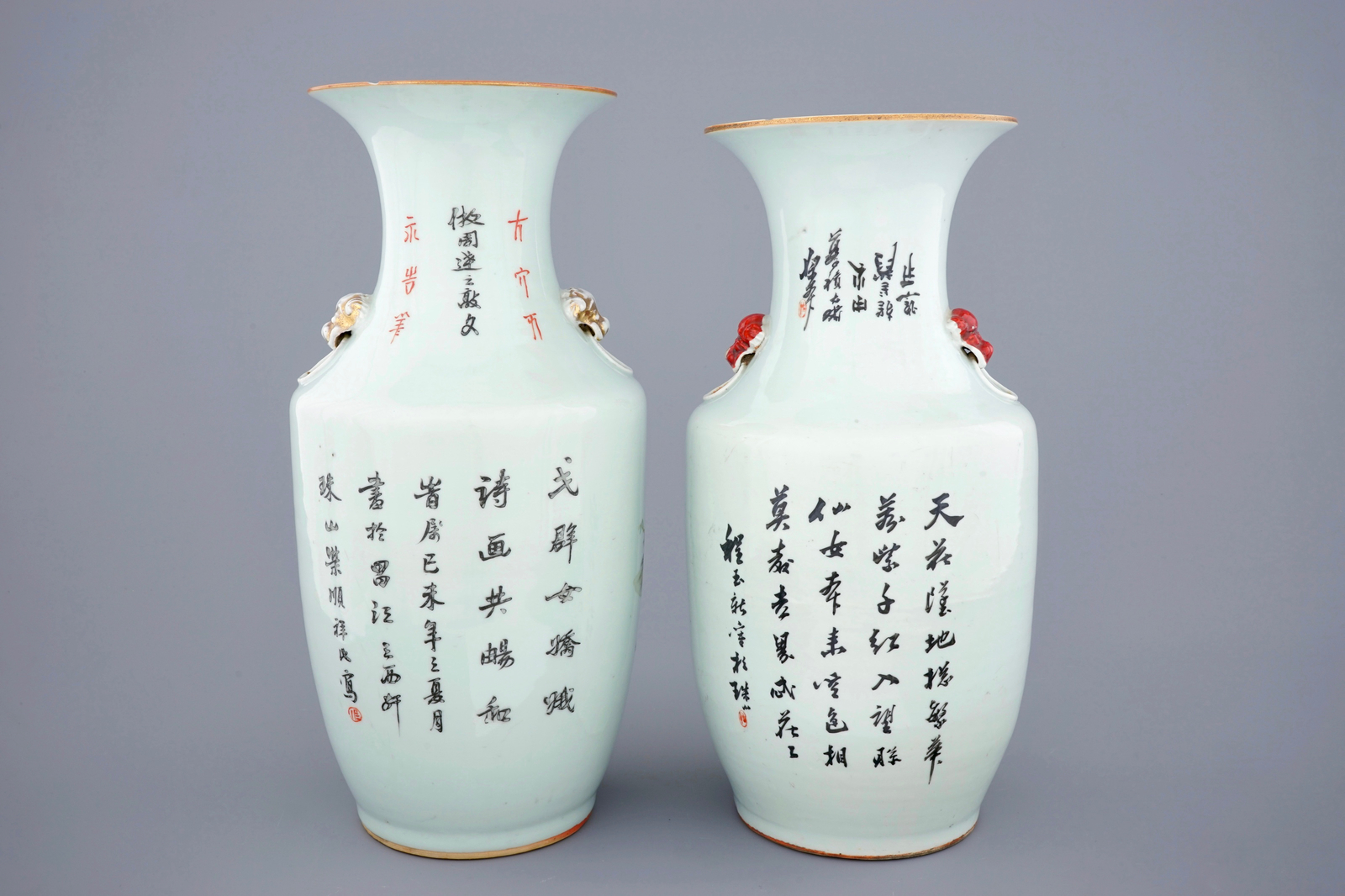 Two Chinese famille rose and qianjiang cai vases, 19/20th C. H.: 43,5 (the tallest) Condition - Image 3 of 6