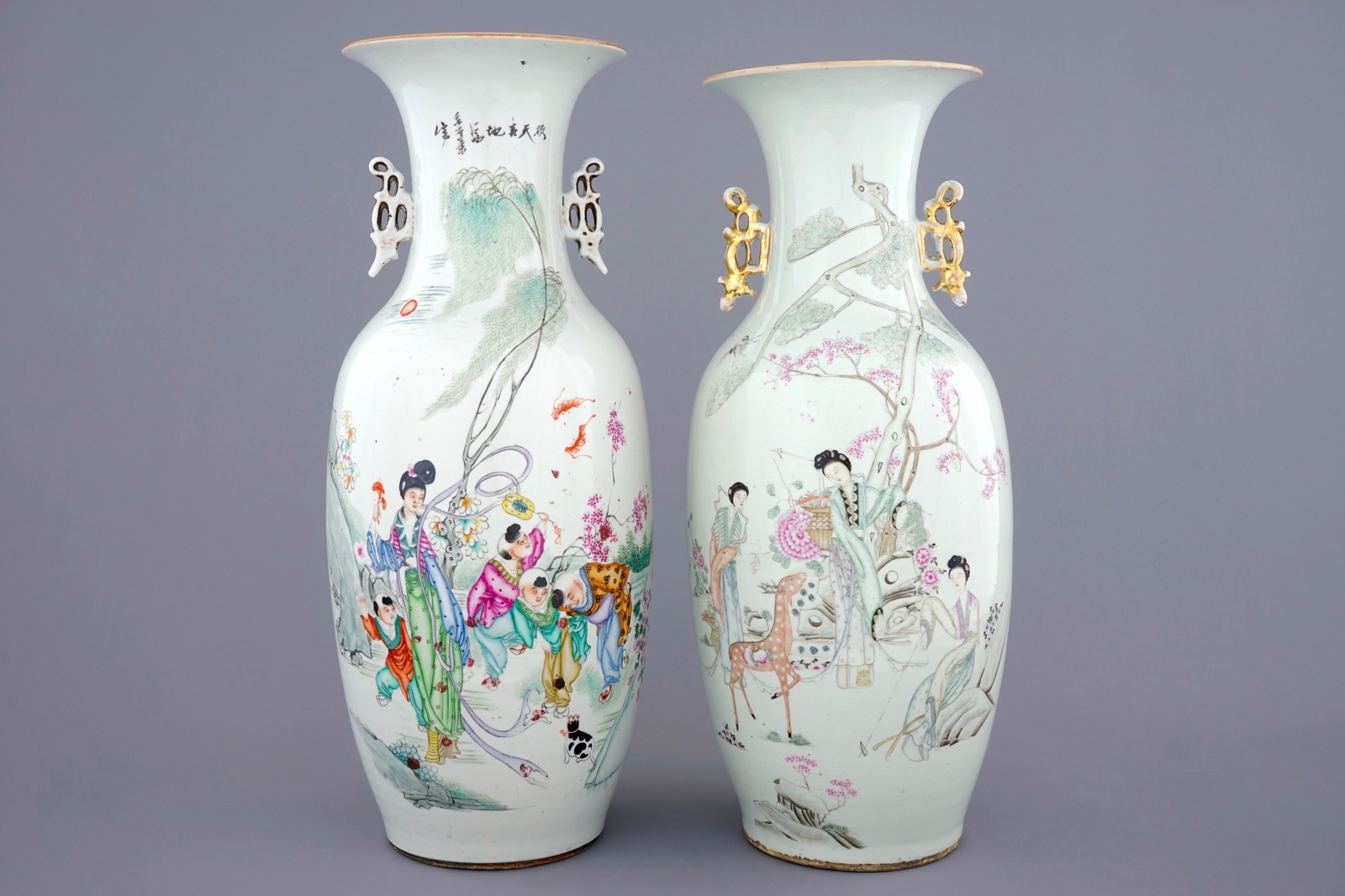 Two Chinese famille rose vases with ladies and children in a garden, 19/20th C. H.: 59 cm