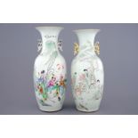 Two Chinese famille rose vases with ladies and children in a garden, 19/20th C. H.: 59 cm