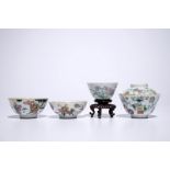 A set of four Chinese famille rose bowls, one with cover, 19/20th C. Dim.: Dia.: 10,5 cm - H.: 9