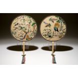 Two Chinese embroidered silk pien mien fans with ivory handle, 18/19th C. Dia.: 28 cm - L.: 63 cm (